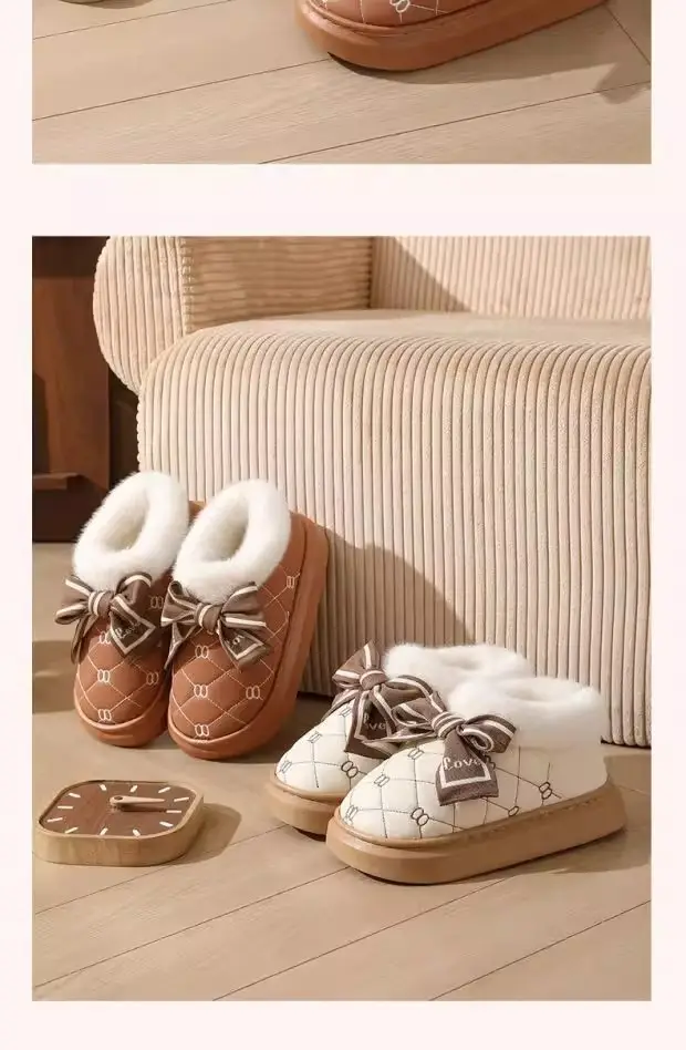 High-Heeled Cotton Slippers for Women, Thick-Soled, Closed-Back, Indoor Home Fashion Versatile Bow Pu Slippers, Winter Thickened and Warm — feature 11