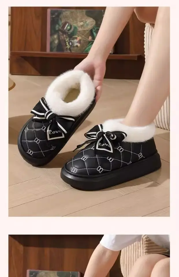 High-Heeled Cotton Slippers for Women, Thick-Soled, Closed-Back, Indoor Home Fashion Versatile Bow Pu Slippers, Winter Thickened and Warm — feature 12
