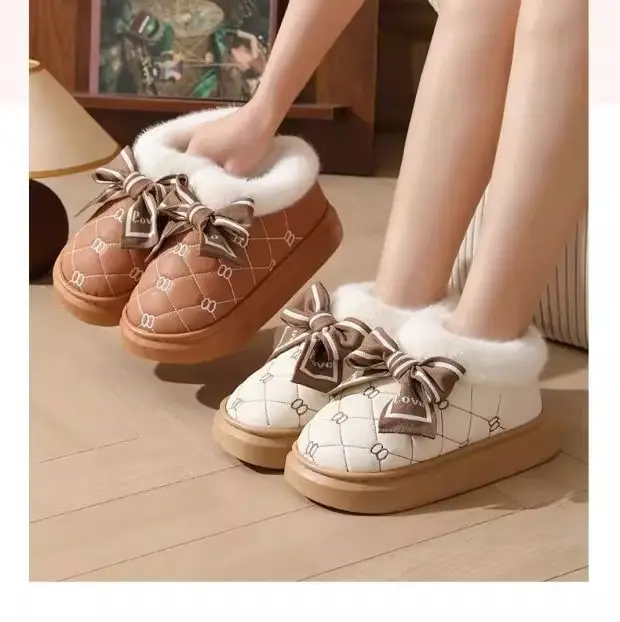 High-Heeled Cotton Slippers for Women, Thick-Soled, Closed-Back, Indoor Home Fashion Versatile Bow Pu Slippers, Winter Thickened and Warm — feature 13