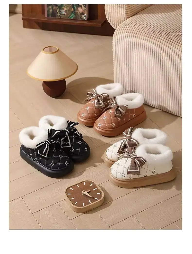 High-Heeled Cotton Slippers for Women, Thick-Soled, Closed-Back, Indoor Home Fashion Versatile Bow Pu Slippers, Winter Thickened and Warm — feature 14