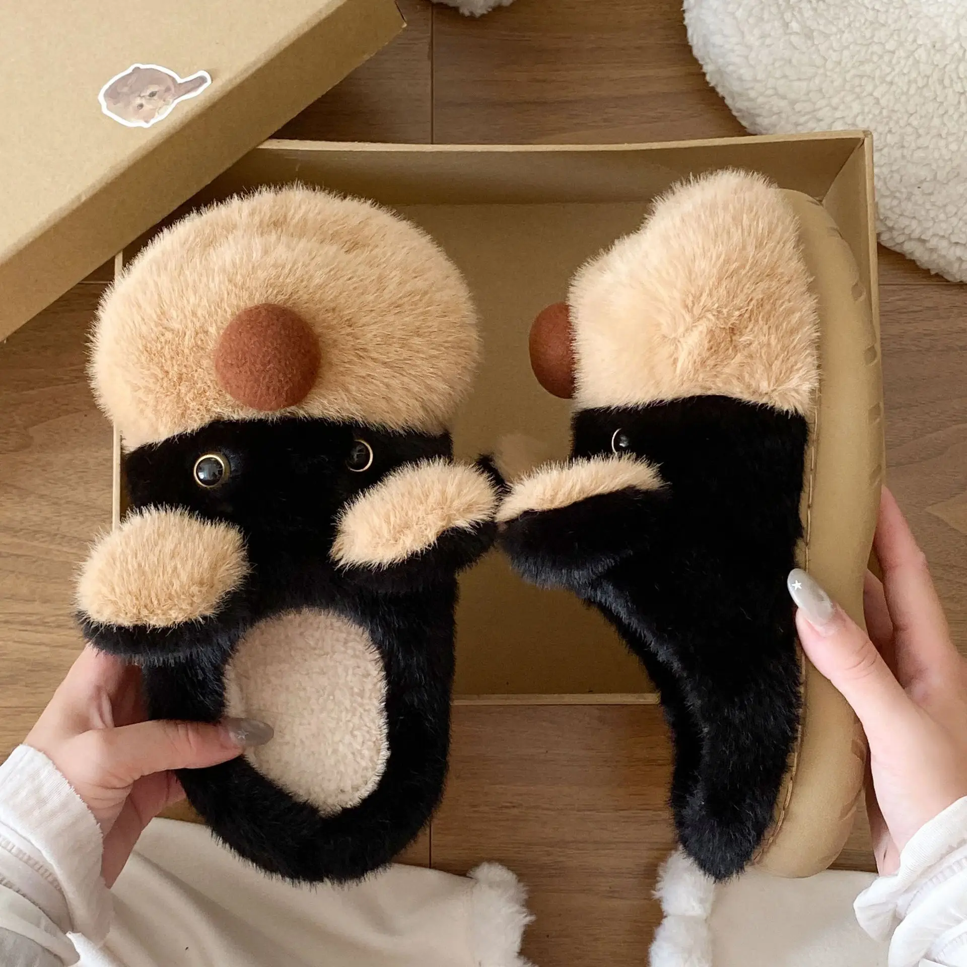 Cute Bee Fluffy Slippers for Women Winter Warm