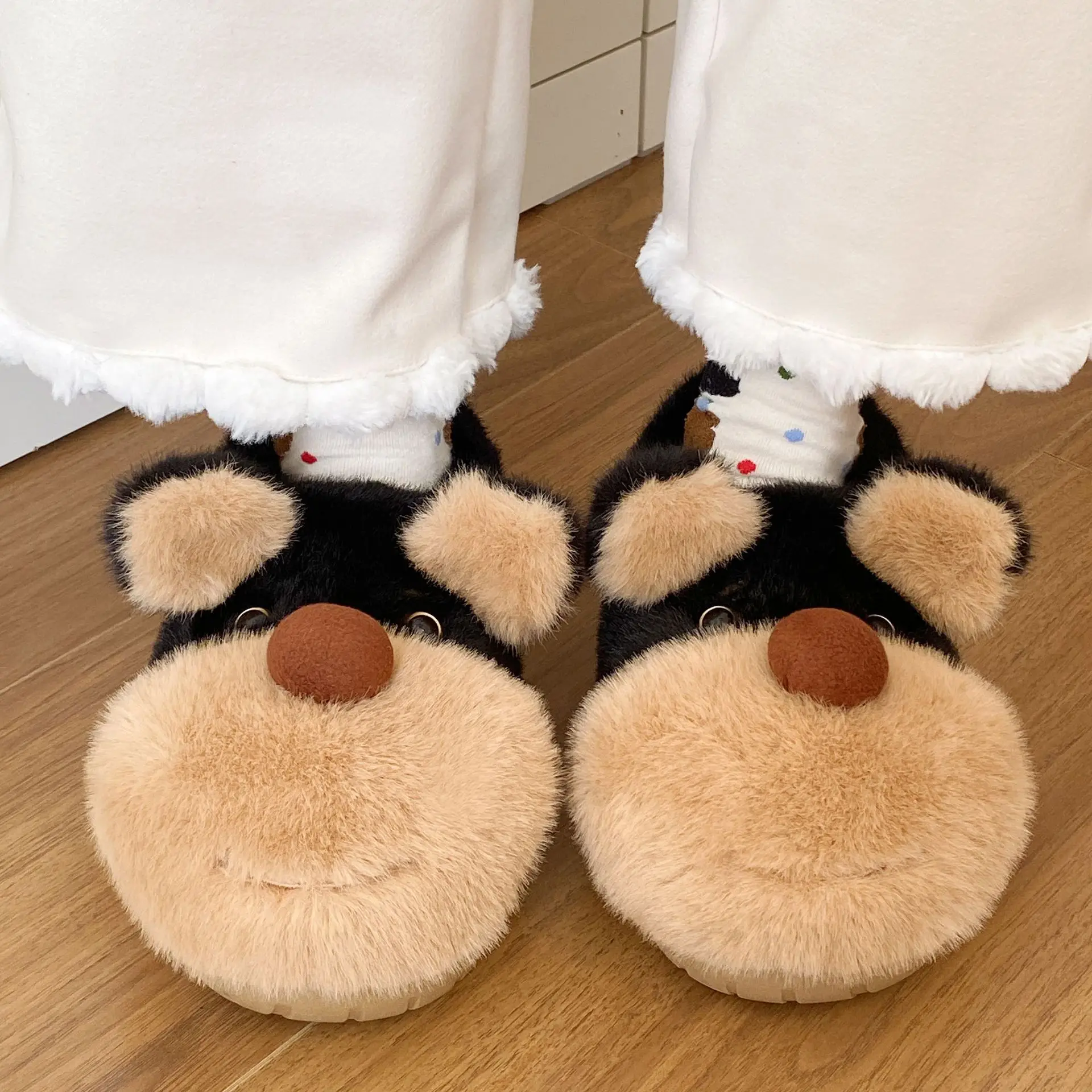 Cute Bee Fluffy Slippers for Women Winter Warm