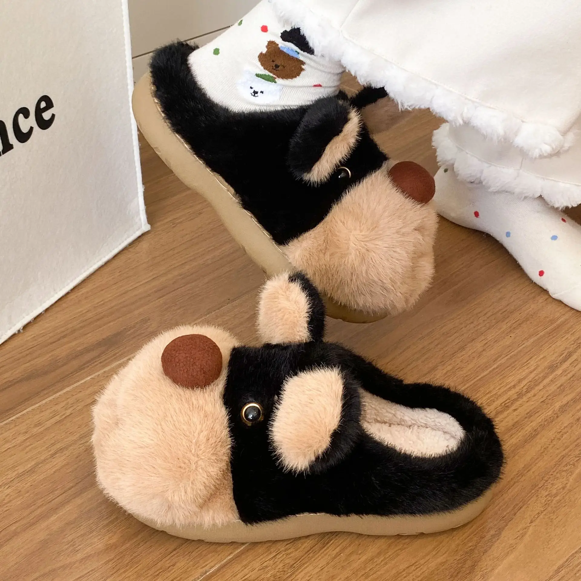 Cute Bee Fluffy Slippers for Women Winter Warm