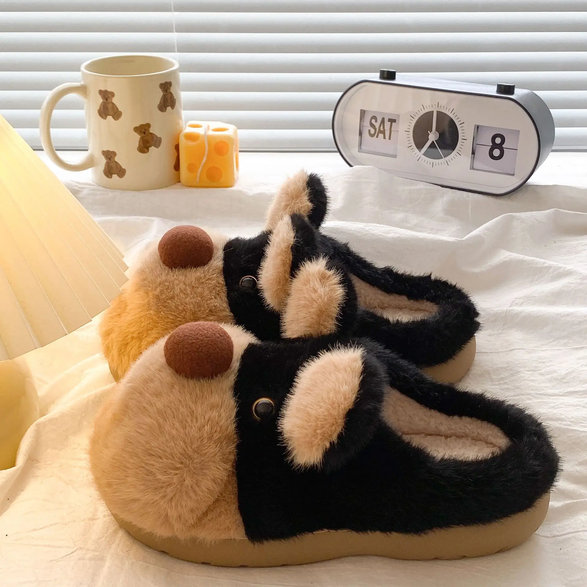 Cute Bee Fluffy Slippers for Women Winter Warm