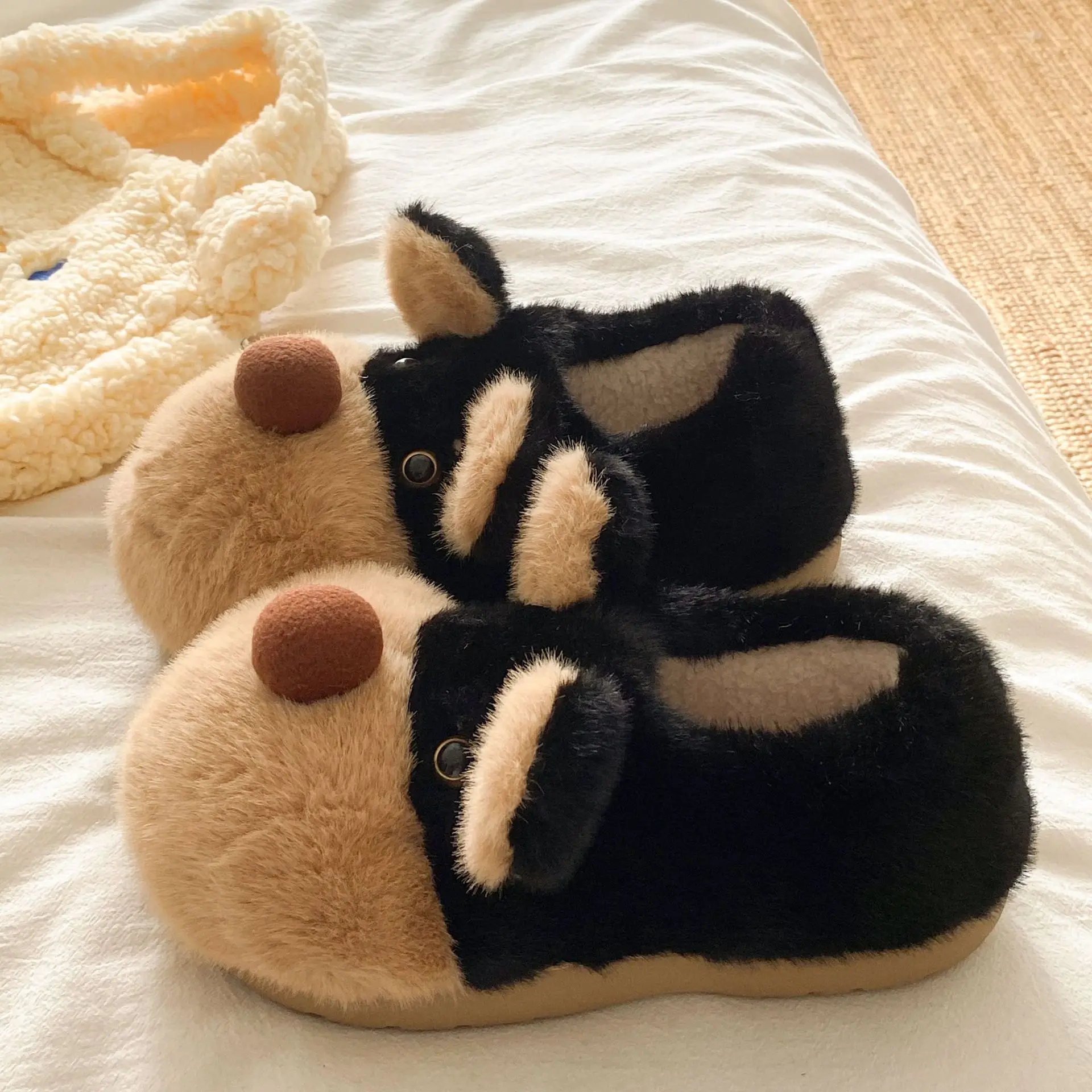 Cute Bee Fluffy Slippers for Women Winter Warm