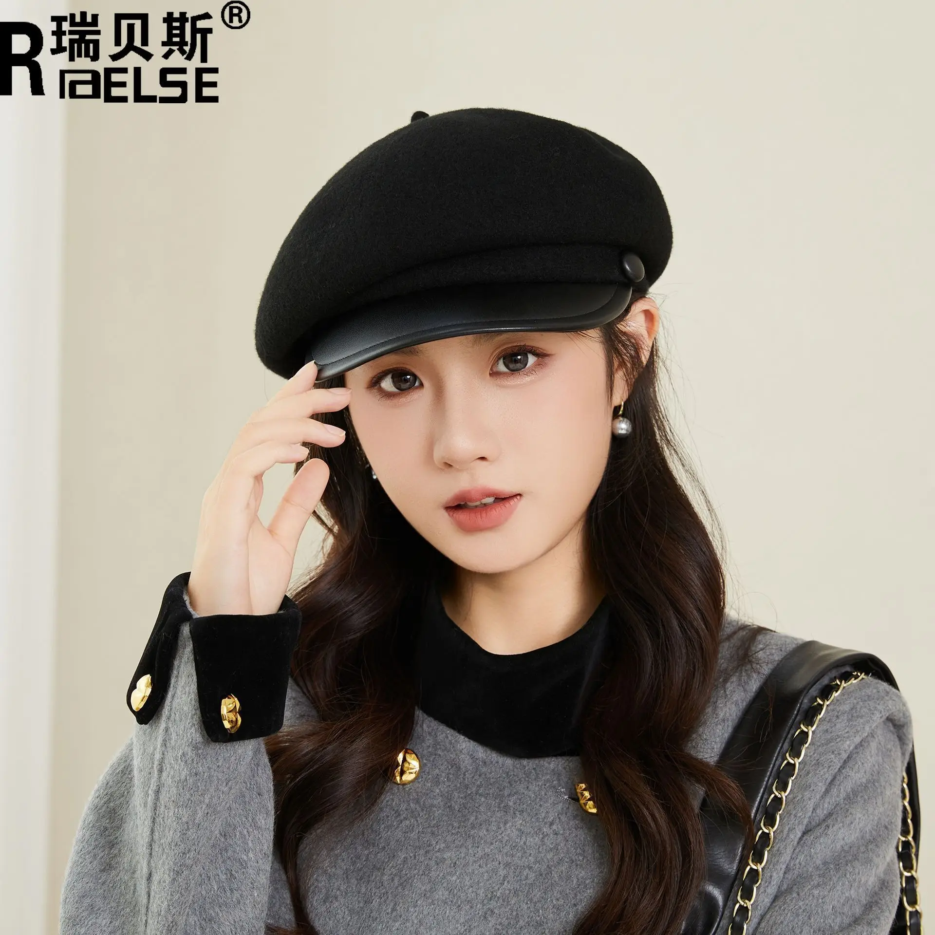 Women Wool Duckbill Cap Navy Autumn Winter Warm - Image 6
