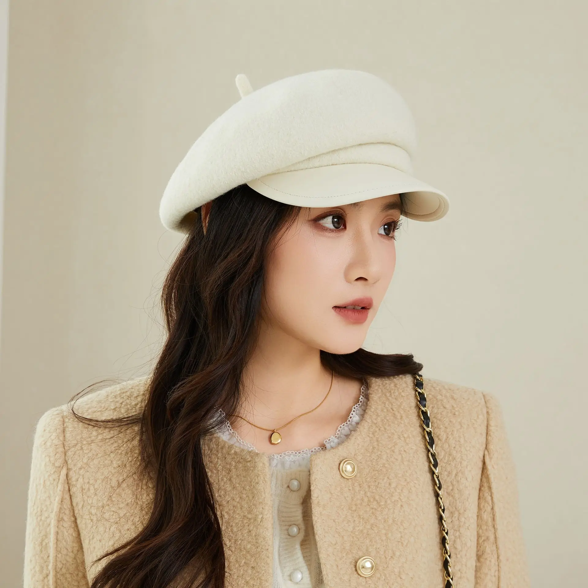 Women Wool Duckbill Cap Navy Autumn Winter Warm - Image 8