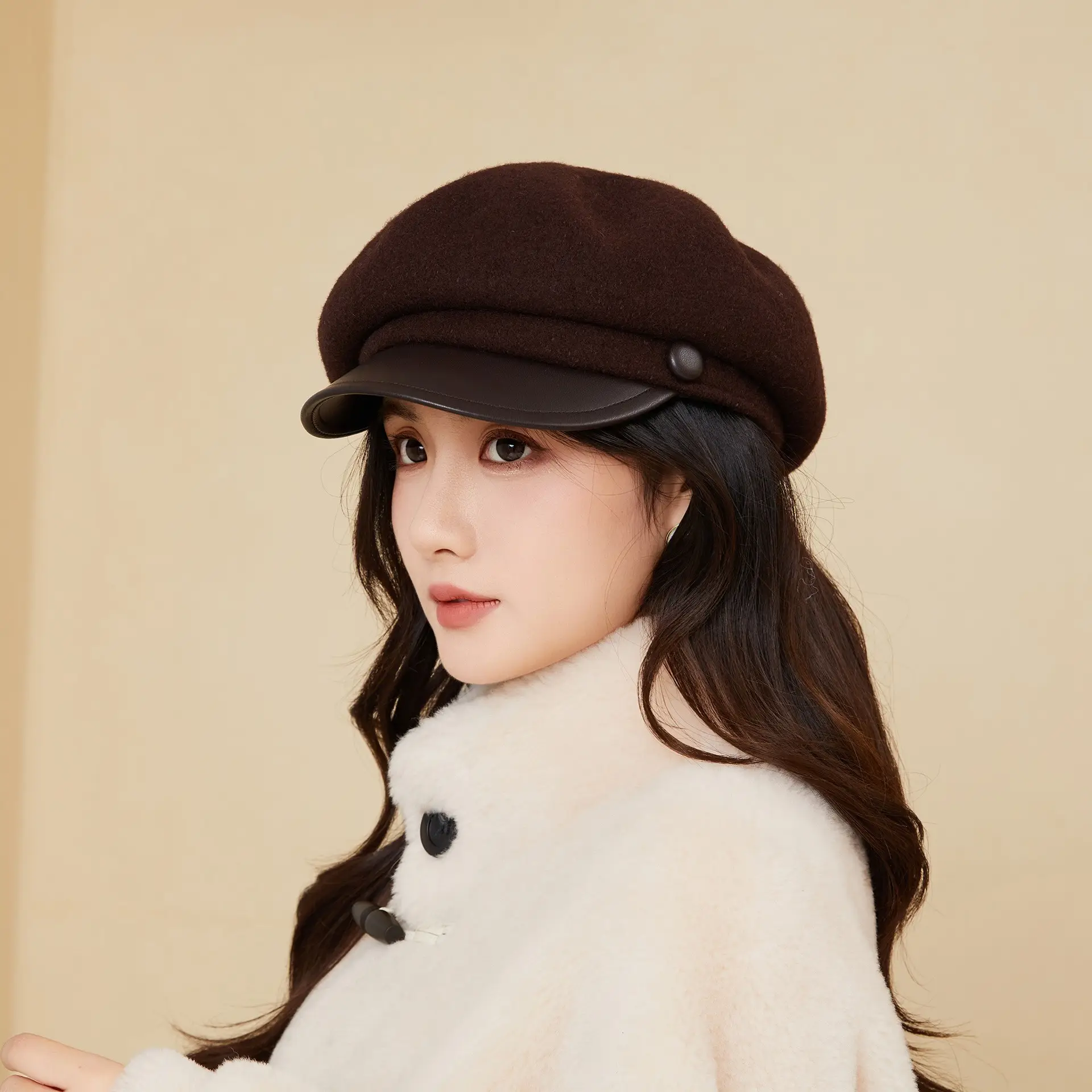 Women Wool Duckbill Cap Navy Autumn Winter Warm - Image 2
