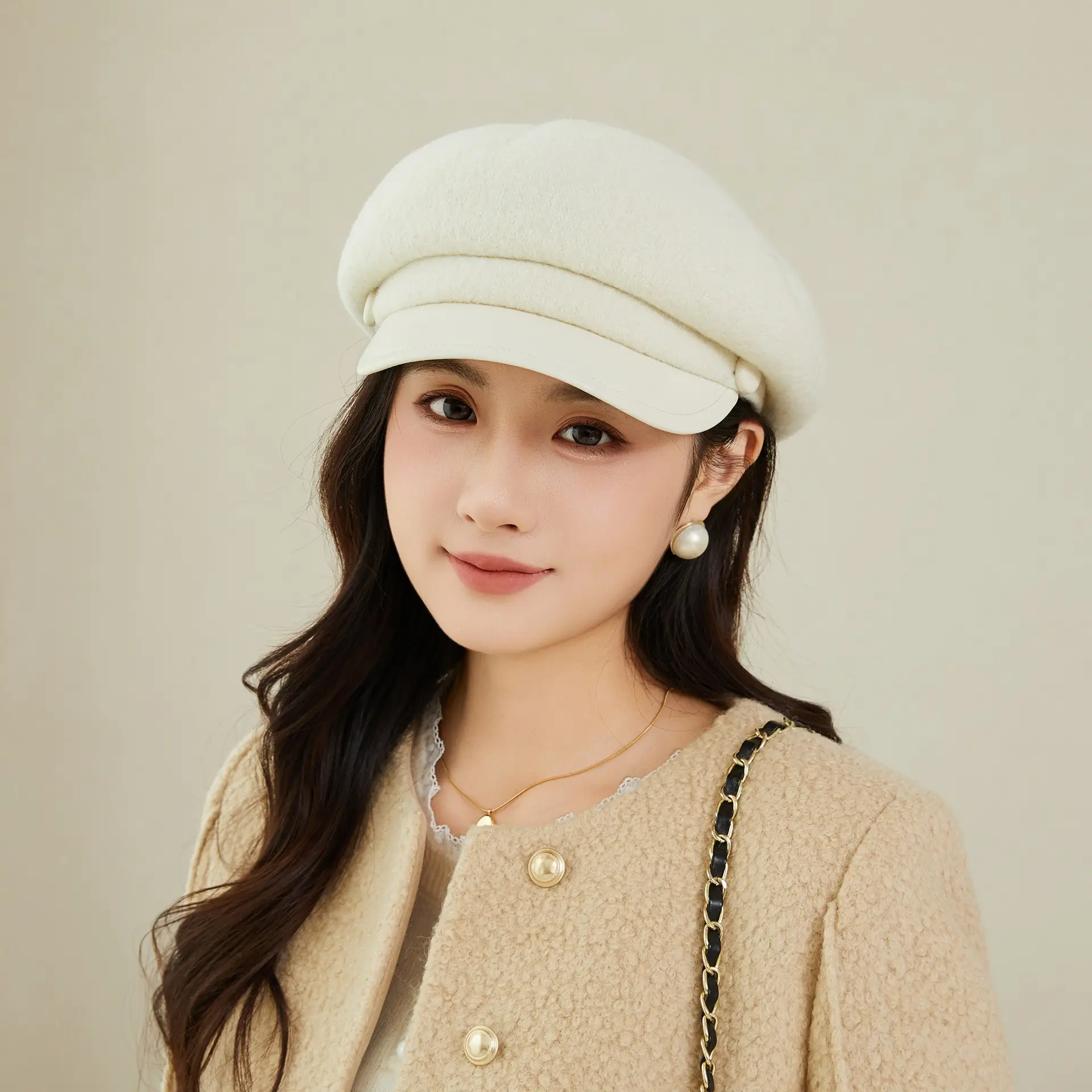 Women Wool Duckbill Cap Navy Autumn Winter Warm - Image 3