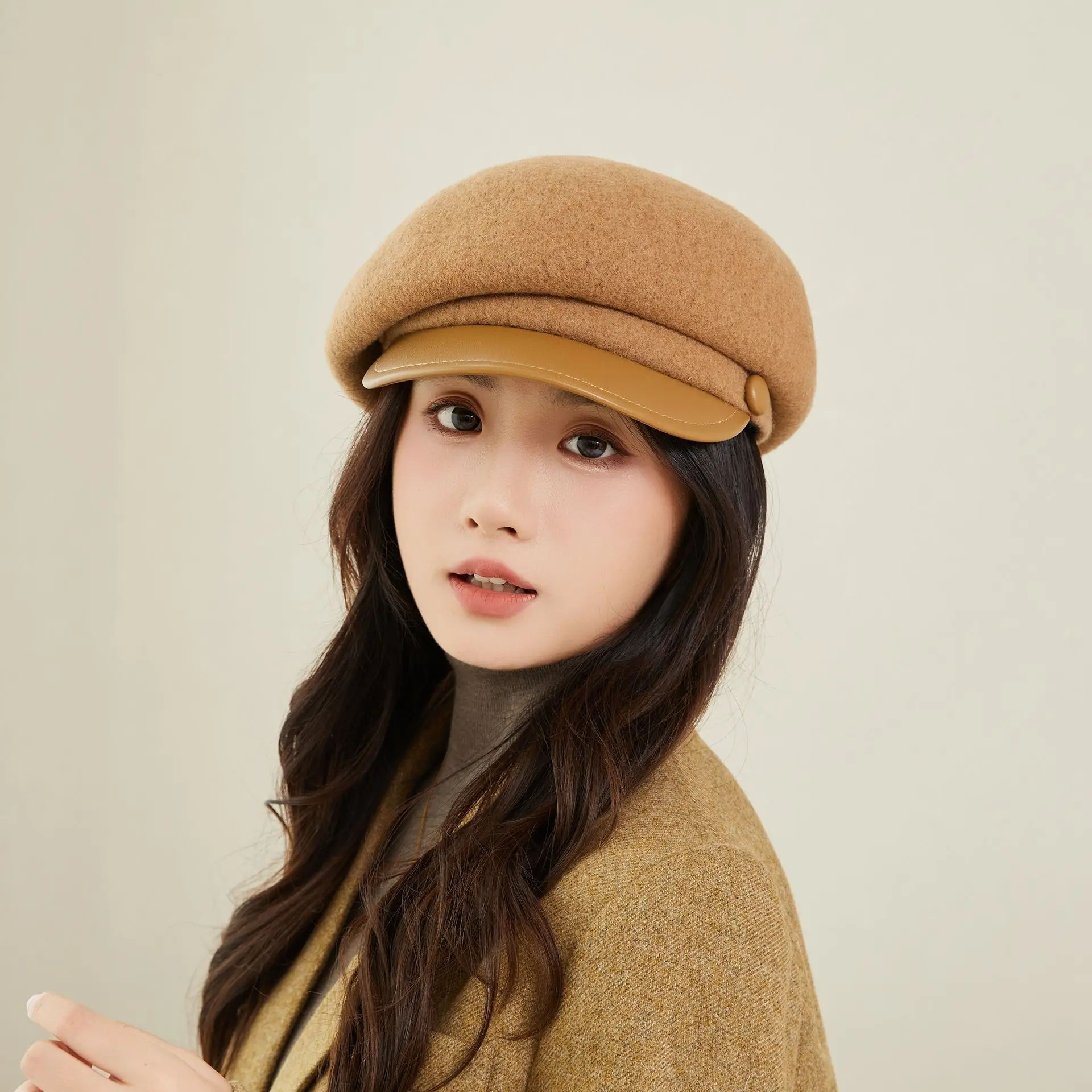Women Wool Duckbill Cap Navy Autumn Winter Warm - Image 4