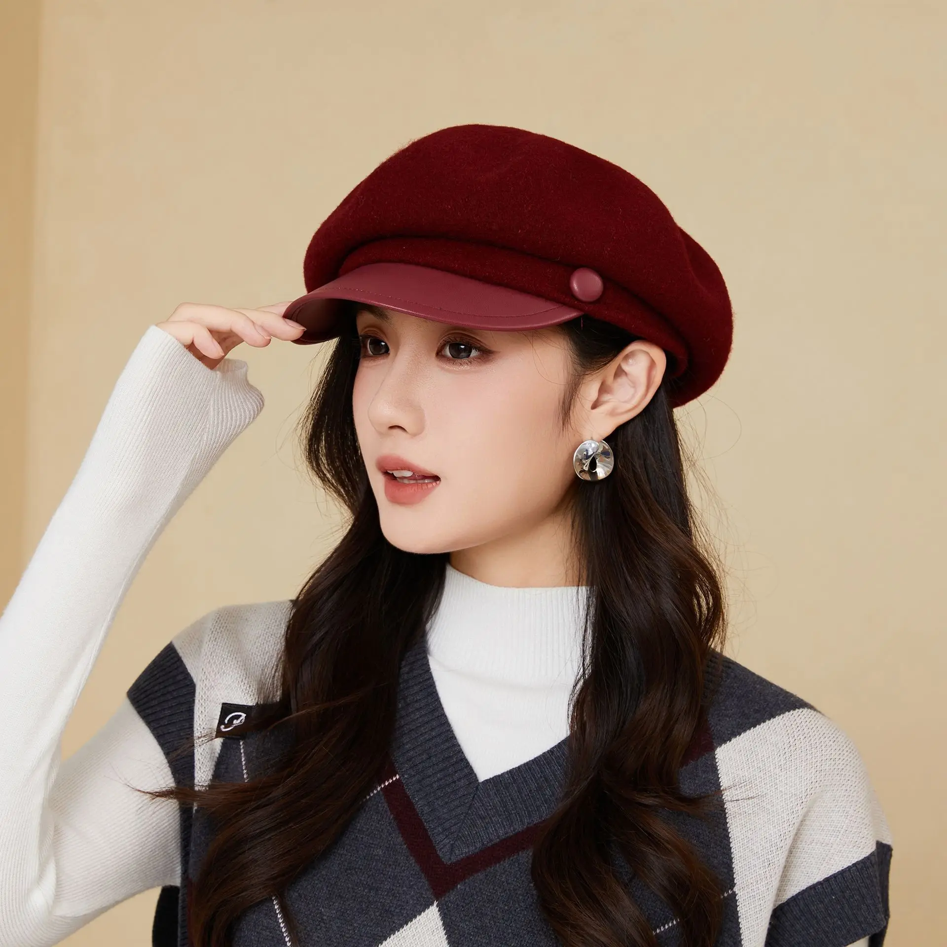 Women Wool Duckbill Cap Navy Autumn Winter Warm - Image 5