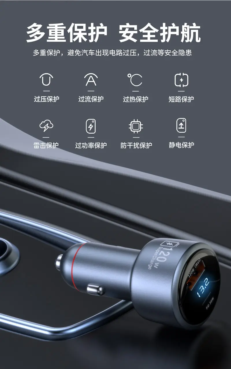 120W Super Fast Charging Car Charger for Xiaomi & Apple Phones — feature 19