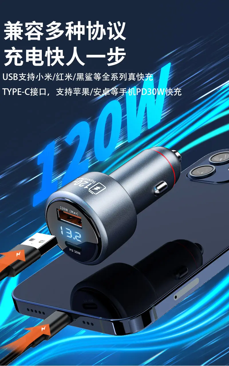 120W Super Fast Charging Car Charger for Xiaomi & Apple Phones — feature 6