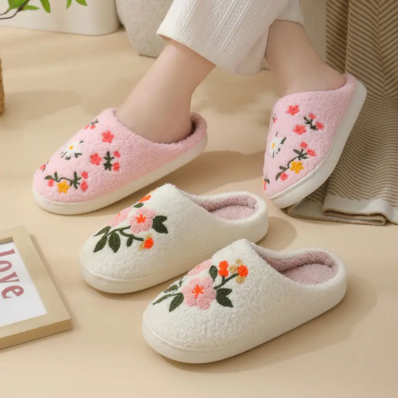 Cross-Border Home Cute Three-Color Flower Winter Cotton Slippers for Women's Home Wholesale Warm Indoor Slippers Temu Dropshipping
