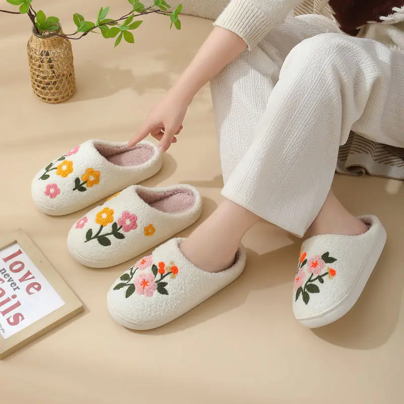 Cross-Border Home Cute Three-Color Flower Winter Cotton Slippers for Women's Home Wholesale Warm Indoor Slippers Temu Dropshipping