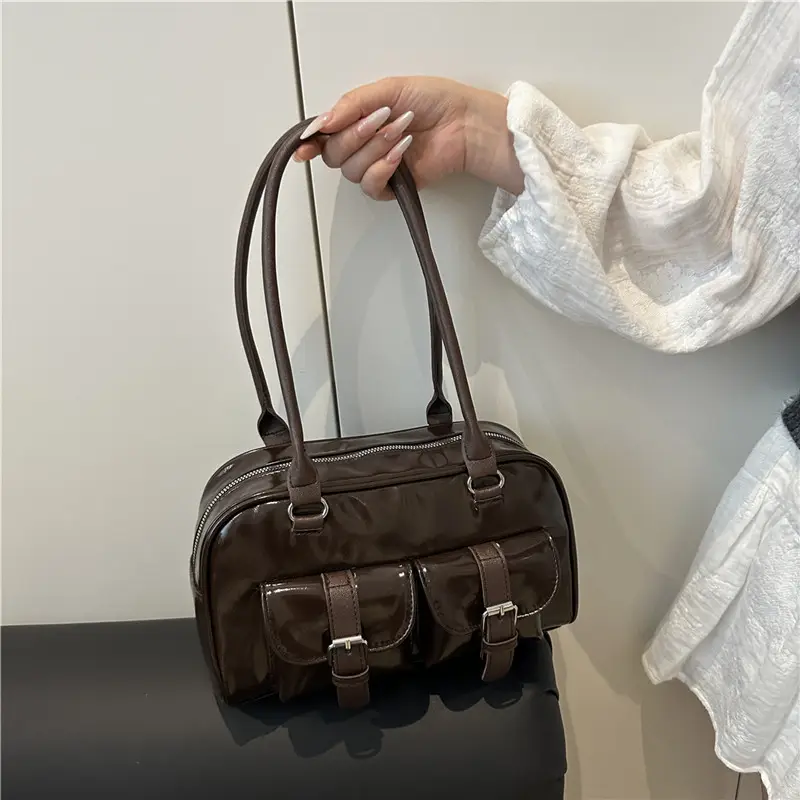 Korean Style Brown Leather Bowling Bag with 5 Pockets - Image 6