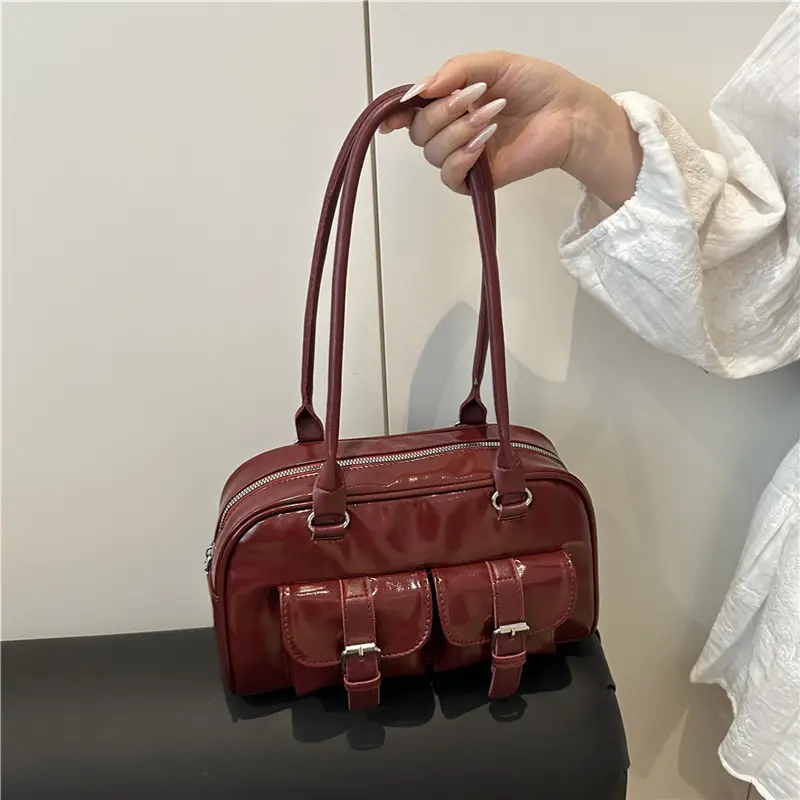 Korean Style Brown Leather Bowling Bag with 5 Pockets - Image 7