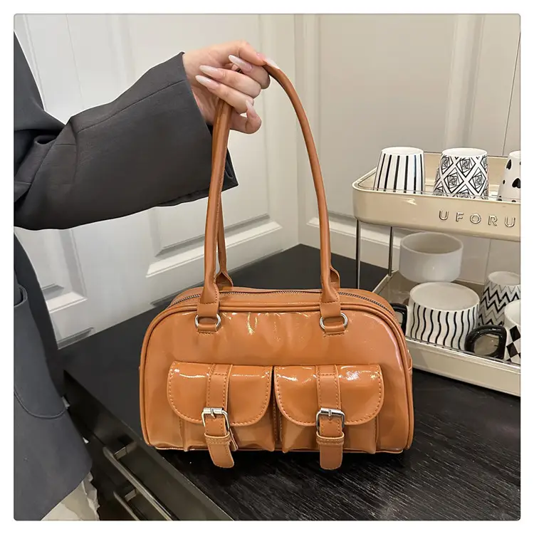Korean Style Brown Leather Bowling Bag with 5 Pockets — feature 13