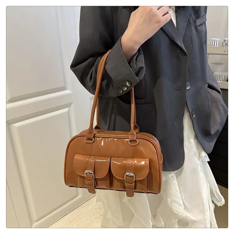 Korean Style Brown Leather Bowling Bag with 5 Pockets — feature 14