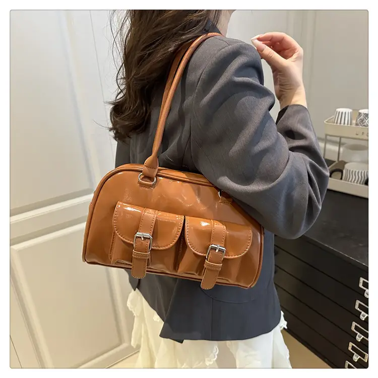 Korean Style Brown Leather Bowling Bag with 5 Pockets — feature 15
