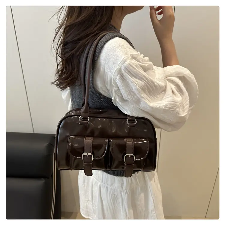 Korean Style Brown Leather Bowling Bag with 5 Pockets — feature 16
