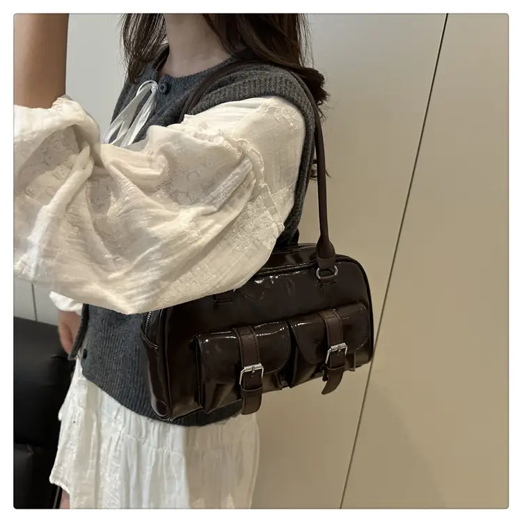 Korean Style Brown Leather Bowling Bag with 5 Pockets — feature 18