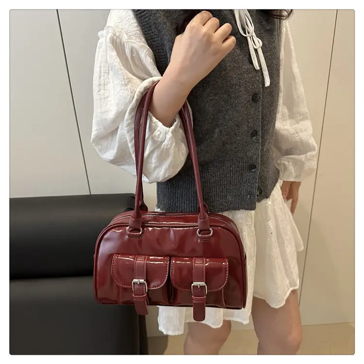 Korean Style Brown Leather Bowling Bag with 5 Pockets — feature 19