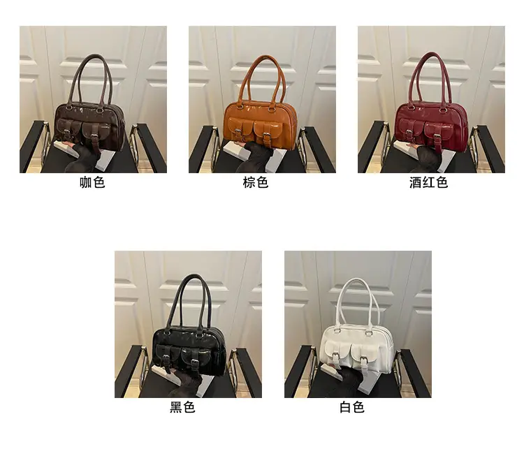 Korean Style Brown Leather Bowling Bag with 5 Pockets — feature 2