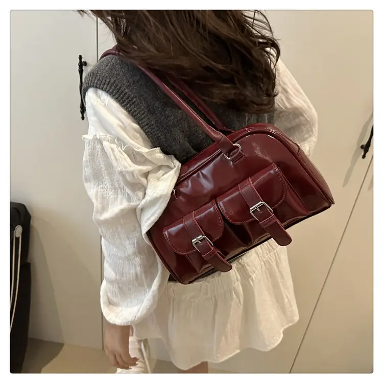 Korean Style Brown Leather Bowling Bag with 5 Pockets — feature 20