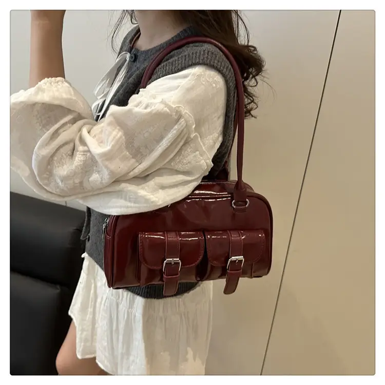 Korean Style Brown Leather Bowling Bag with 5 Pockets — feature 21