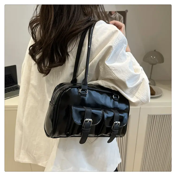 Korean Style Brown Leather Bowling Bag with 5 Pockets — feature 22