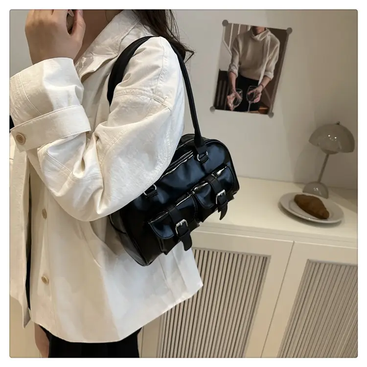 Korean Style Brown Leather Bowling Bag with 5 Pockets — feature 23