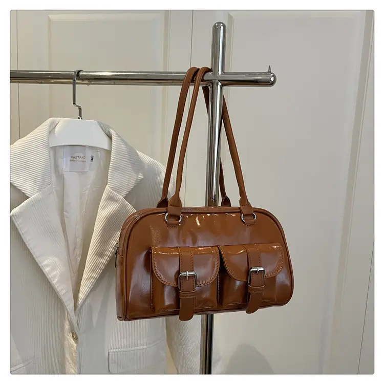 Korean Style Brown Leather Bowling Bag with 5 Pockets — feature 24
