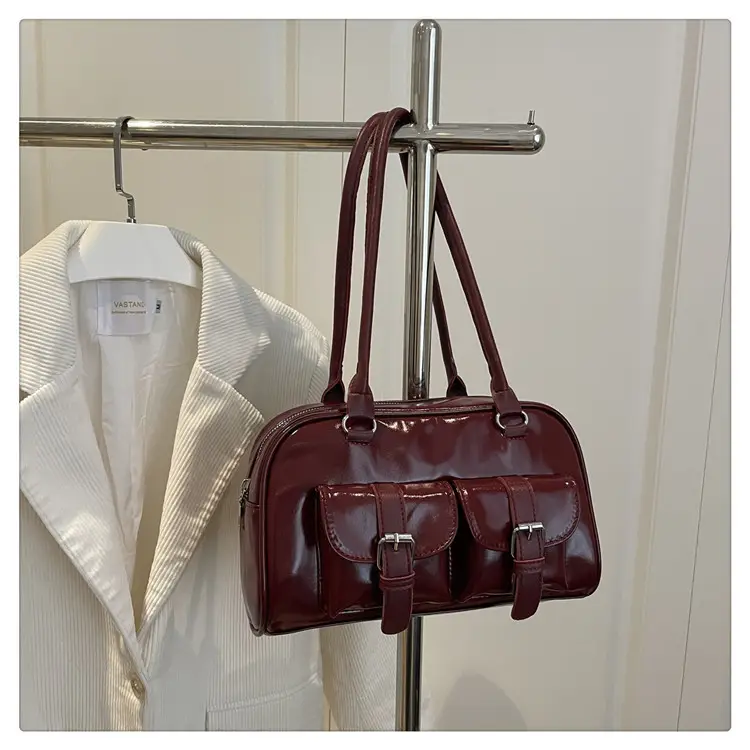 Korean Style Brown Leather Bowling Bag with 5 Pockets — feature 27