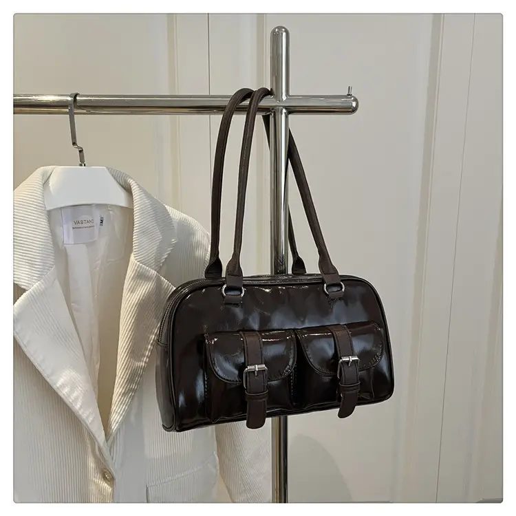 Korean Style Brown Leather Bowling Bag with 5 Pockets — feature 28