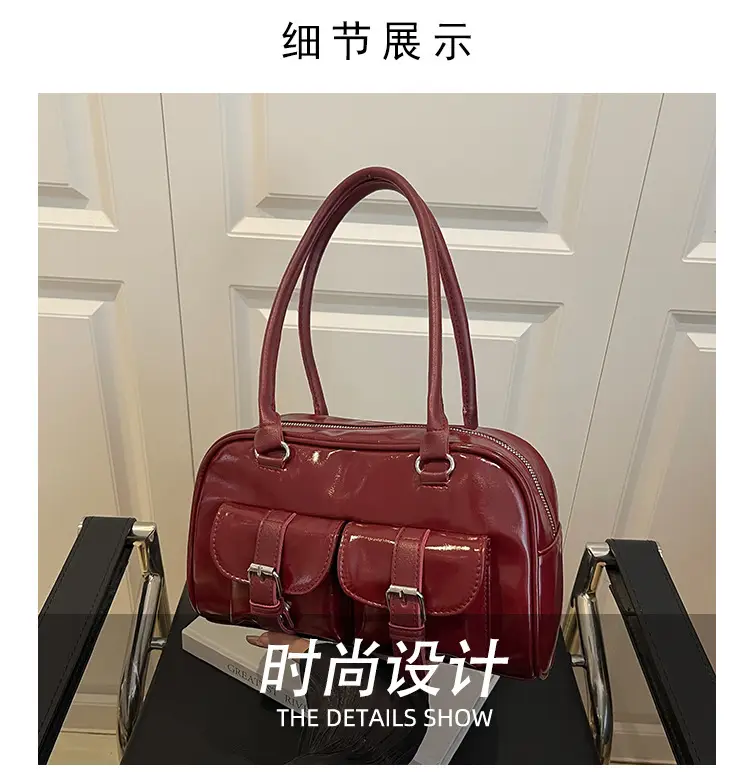 Korean Style Brown Leather Bowling Bag with 5 Pockets — feature 3