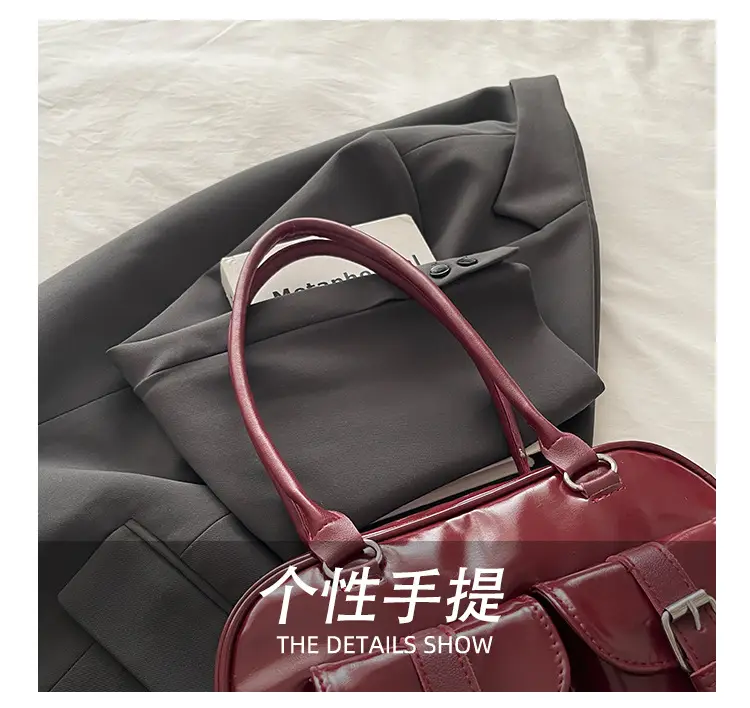 Korean Style Brown Leather Bowling Bag with 5 Pockets — feature 4