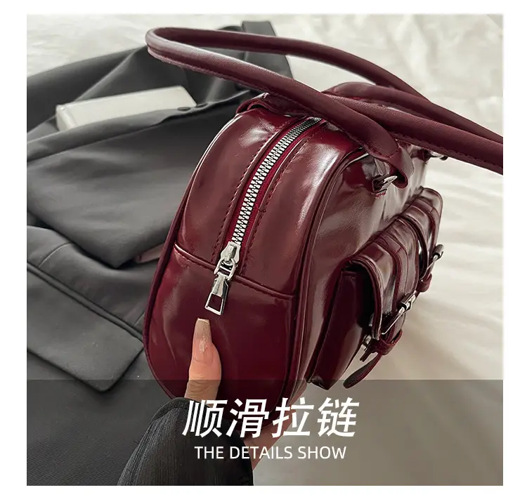 Korean Style Brown Leather Bowling Bag with 5 Pockets — feature 5