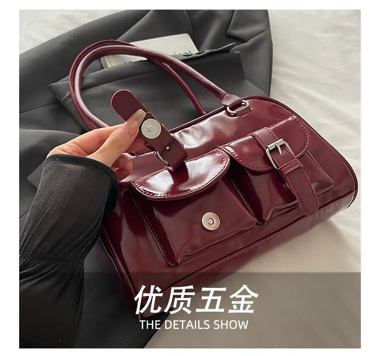 Korean Style Brown Leather Bowling Bag with 5 Pockets — feature 6