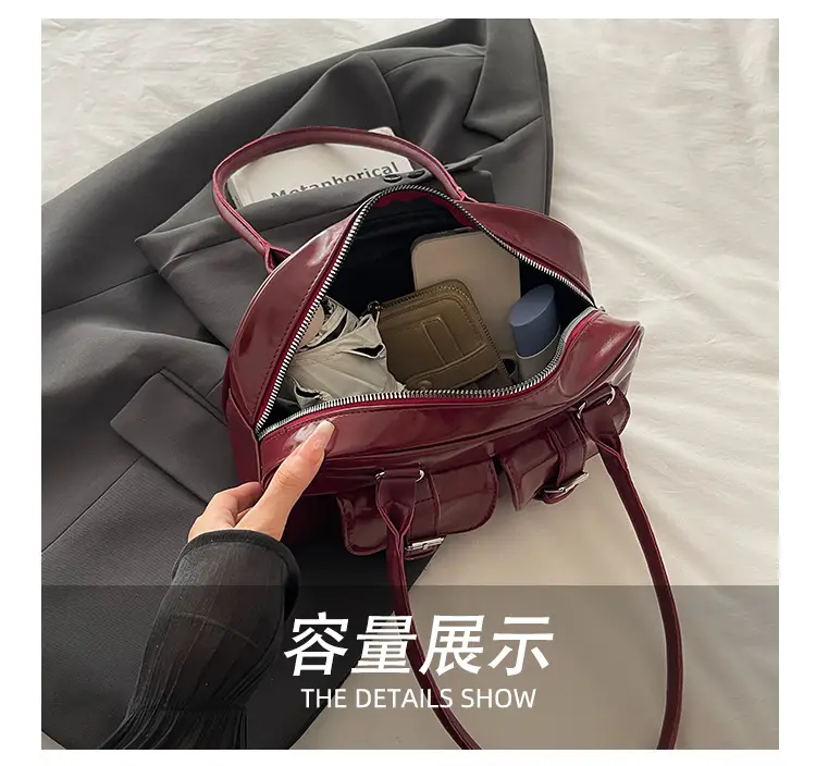 Korean Style Brown Leather Bowling Bag with 5 Pockets — feature 7