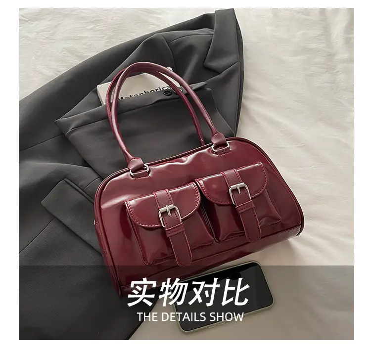 Korean Style Brown Leather Bowling Bag with 5 Pockets — feature 8