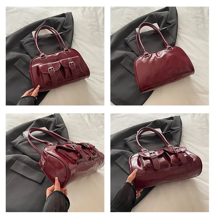 Korean Style Brown Leather Bowling Bag with 5 Pockets — feature 9