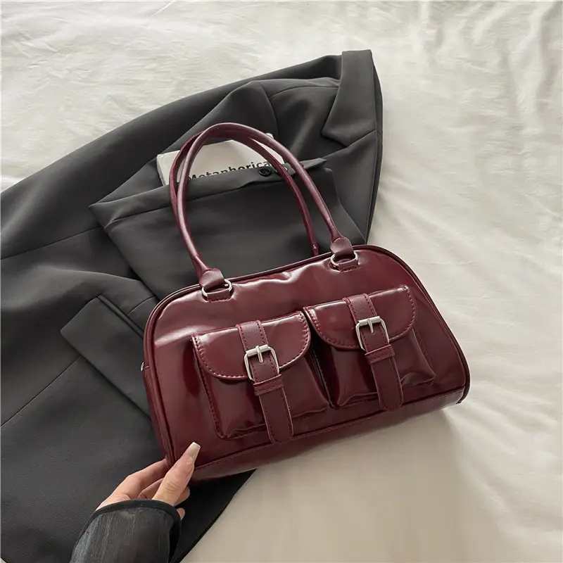 Korean Style Brown Leather Bowling Bag with 5 Pockets - Image 3