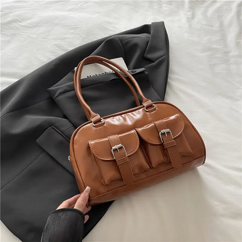 Korean Style Brown Leather Bowling Bag with 5 Pockets - Image 4