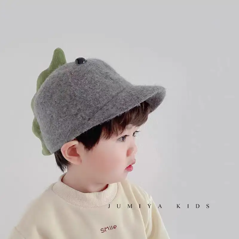 Cute Dinosaur Woolen Kids Hat Grey Winter
