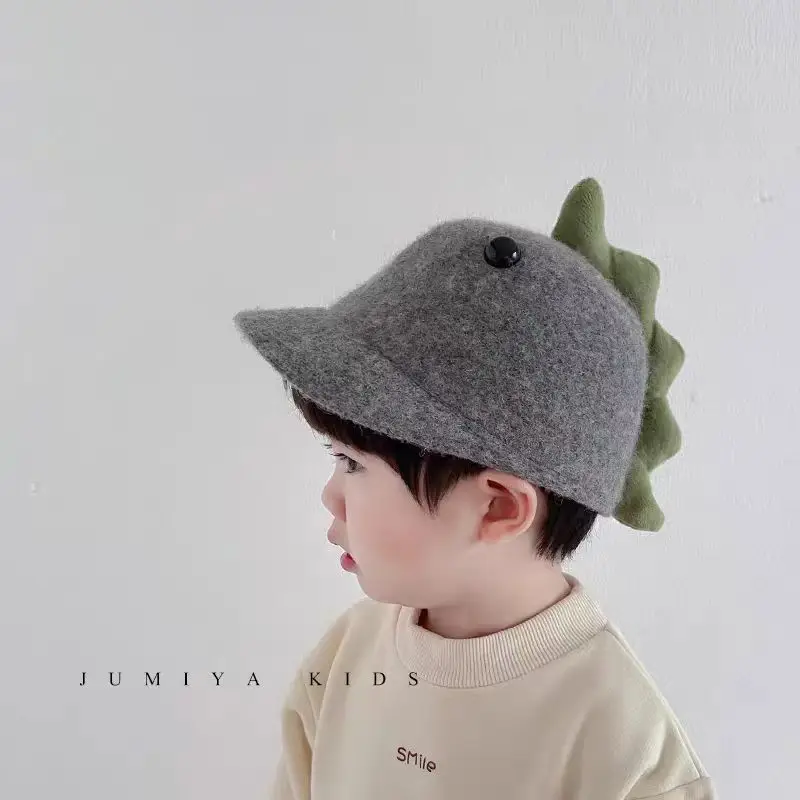 Cute Dinosaur Woolen Kids Hat Grey Winter