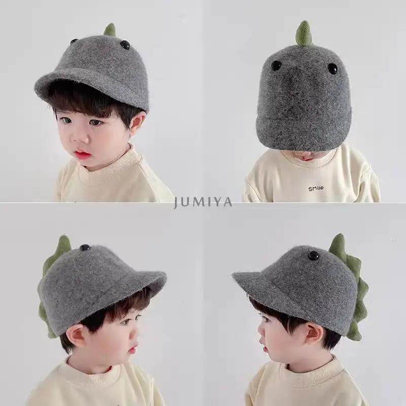Cute Dinosaur Woolen Kids Hat Grey Winter
