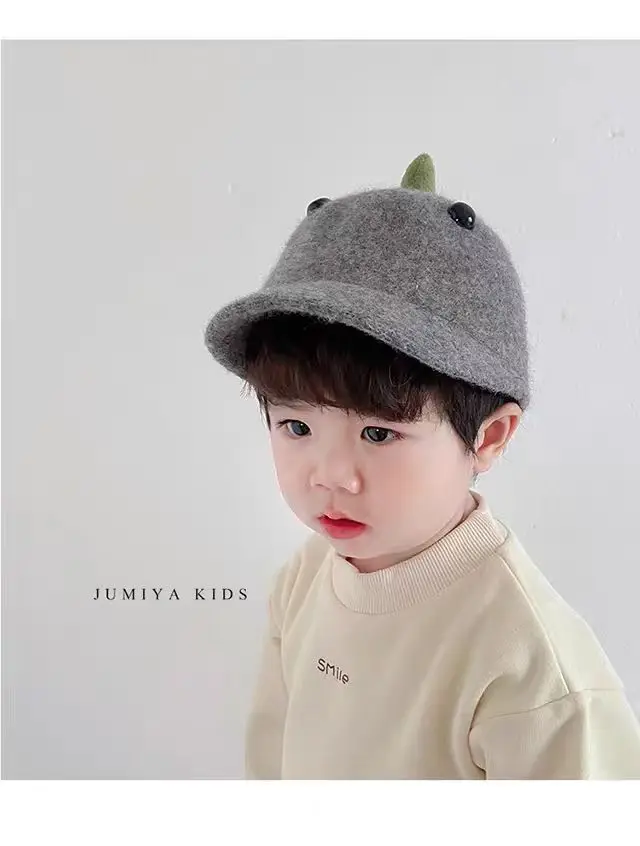 Cute Dinosaur Woolen Kids Hat Grey Winter — feature 2