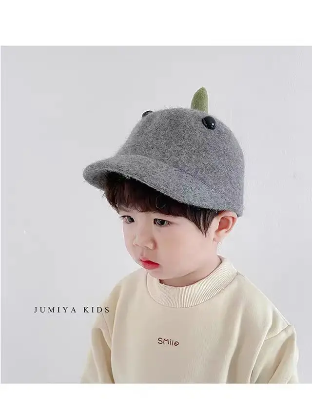 Cute Dinosaur Woolen Kids Hat Grey Winter — feature 6