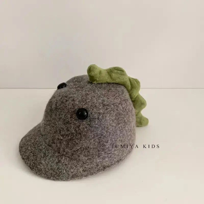 Cute Dinosaur Woolen Kids Hat Grey Winter